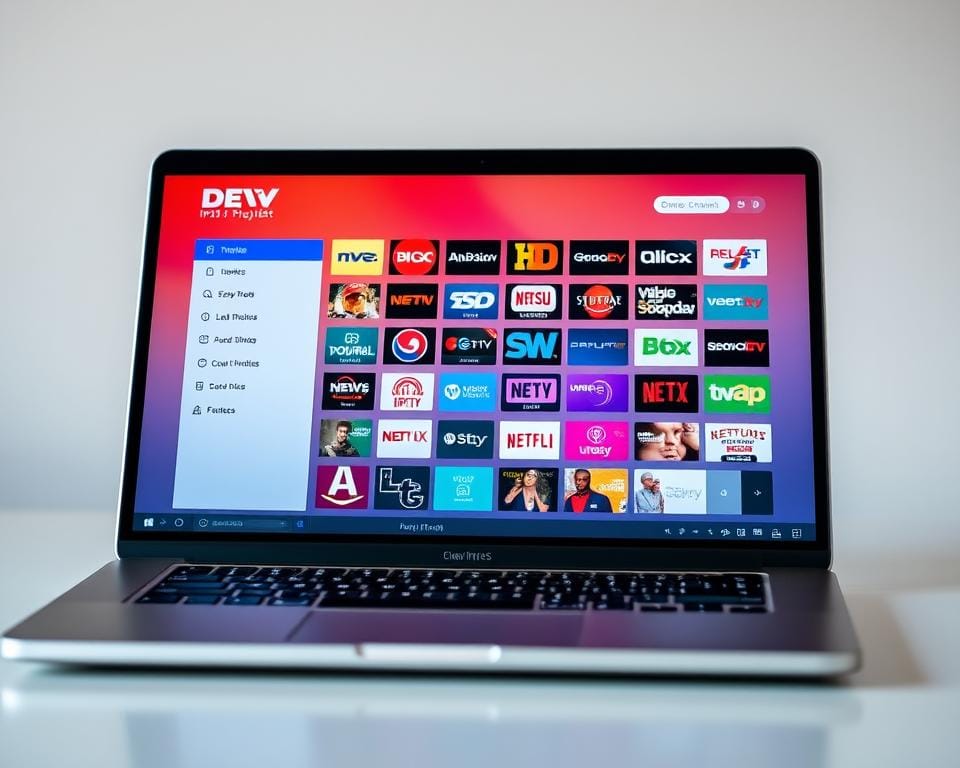 A close-up shot of a laptop screen displaying a visually appealing and user-friendly DEV IPTV interface, showcasing a comprehensive m3u IPTV playlist. The screen is bathed in a warm, inviting glow, creating a sense of ease and accessibility. The interface features sleek, minimalist design elements, with intuitive navigation menus and a vibrant color palette that highlights the diverse range of channels available. The laptop is positioned on a clean, uncluttered workspace, emphasizing the simplicity and convenience of creating and managing your own m3u IPTV list in France.