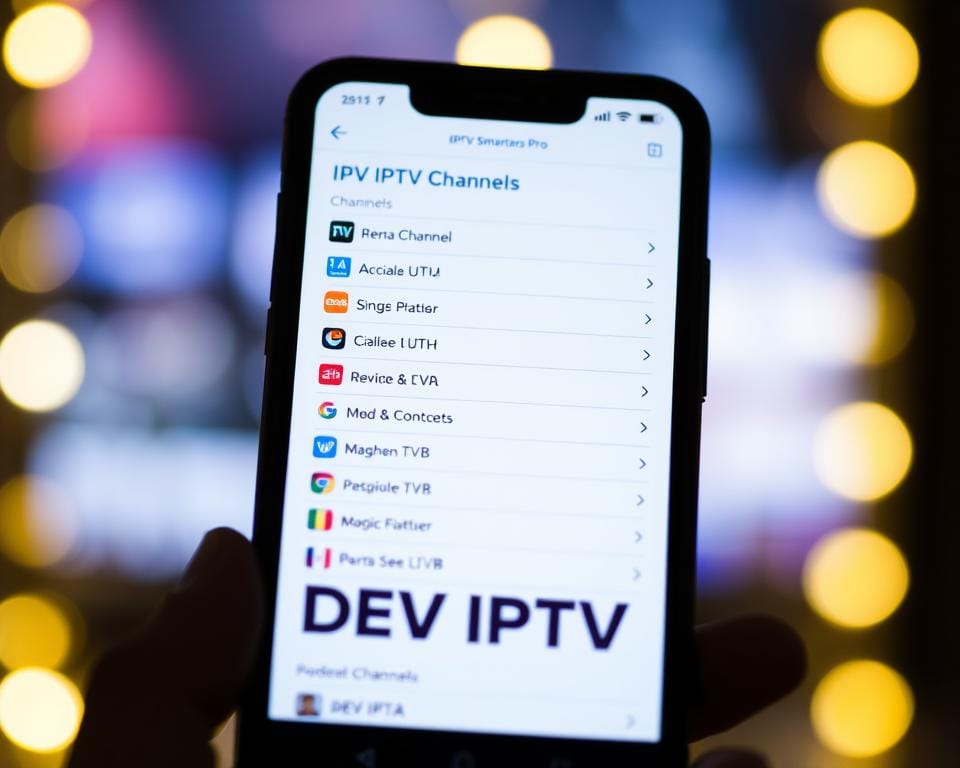 A close-up shot of a mobile device screen displaying the "IPTV Smarters Pro" app interface, showcasing a neatly organized list of IPTV channel categories. The screen is illuminated by a soft, warm lighting that creates a cozy, inviting atmosphere. The foreground features the DEV IPTV brand name prominently displayed, with the channel list taking up the majority of the frame. The background is blurred, creating a depth of field that draws the viewer's attention to the central focus of the image. The overall composition conveys a sense of simplicity, functionality, and user-friendliness, reflecting the intuitive nature of the IPTV Smarters Pro app.