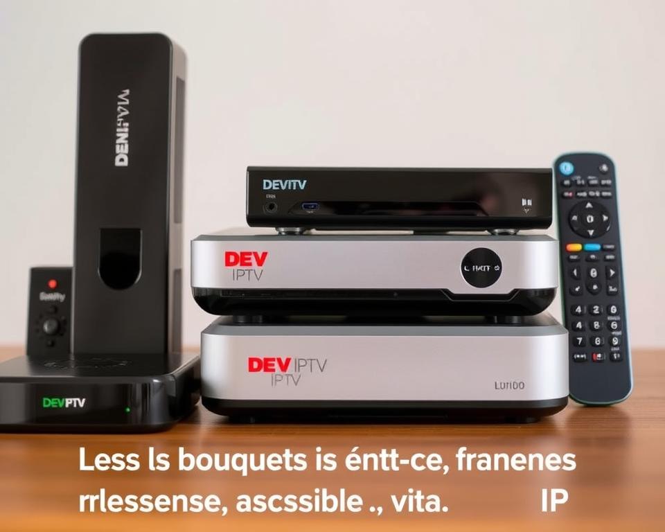 A close-up shot of various cable TV set-top boxes and streaming devices, prominently displaying the "DEV IPTV" branding. The devices are arranged neatly on a wooden surface, with a neutral background that allows the products to stand out. The lighting is soft and diffused, creating a clean and professional look. The scene conveys a sense of accessibility and ease of use for the IPTV service, reflecting the "Les bouquets et chaînes françaises accessibles via IPTV" section of the article.