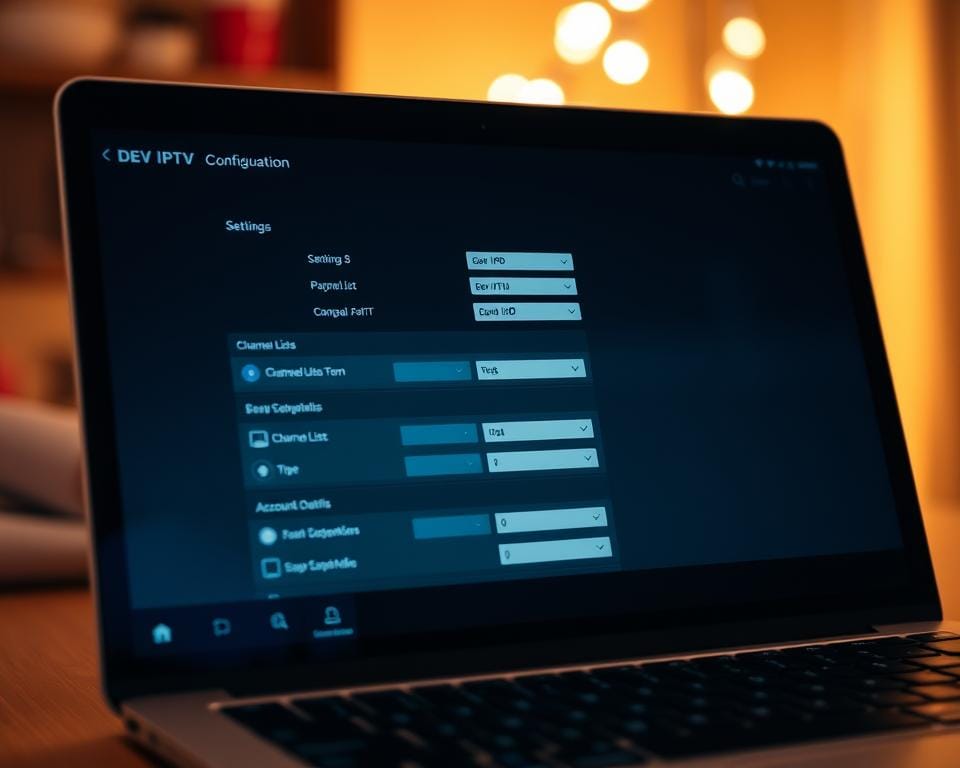 A close-up view of a laptop display showcasing the DEV IPTV application's configuration interface. The screen is bathed in a soft, warm lighting, creating a cozy, inviting atmosphere. The interface features a clean, minimalist design with clearly labeled sections for settings, channel lists, and account details. The layout is intuitive and easy to navigate, with a focus on user-friendliness. The background is slightly blurred, drawing the viewer's attention to the central display. The overall tone conveys a sense of professionalism and attention to detail, reflecting the practical and functional nature of the IPTV Smarters application.