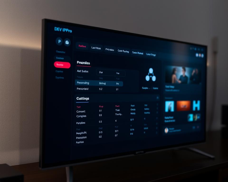 A close-up view of a modern, customizable DEV IPTV Pro interface, showcasing a sleek and intuitive dashboard. The screen displays an array of personalized settings, including color schemes, font selections, and various UI elements. The layout is clean and minimalist, with subtle gradients and soft shadows adding depth and visual interest. The overall atmosphere is one of refined sophistication, highlighting the flexibility and user-centric design of the DEV IPTV Pro platform. Soft, directional lighting illuminates the interface, creating a sense of depth and emphasis on the customizable features. The camera angle is slightly angled, providing an immersive and engaging perspective for the viewer.