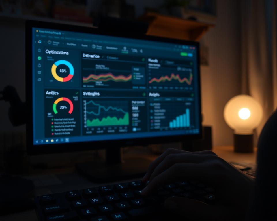 A dimly lit home office, the glow of a computer screen casting a soft light. On the screen, a detailed analytics dashboard showcases performance metrics for a DEV IPTV platform. Charts and graphs display optimization insights, with a focus on network speed, bandwidth utilization, and user engagement. In the foreground, a hand hovers over the keyboard, ready to fine-tune settings and make adjustments. The atmosphere is one of concentration and problem-solving, as the user works to enhance the IPTV experience. The overall scene conveys the idea of diligent optimization, with technology and human expertise converging to deliver the best possible IPTV performance.