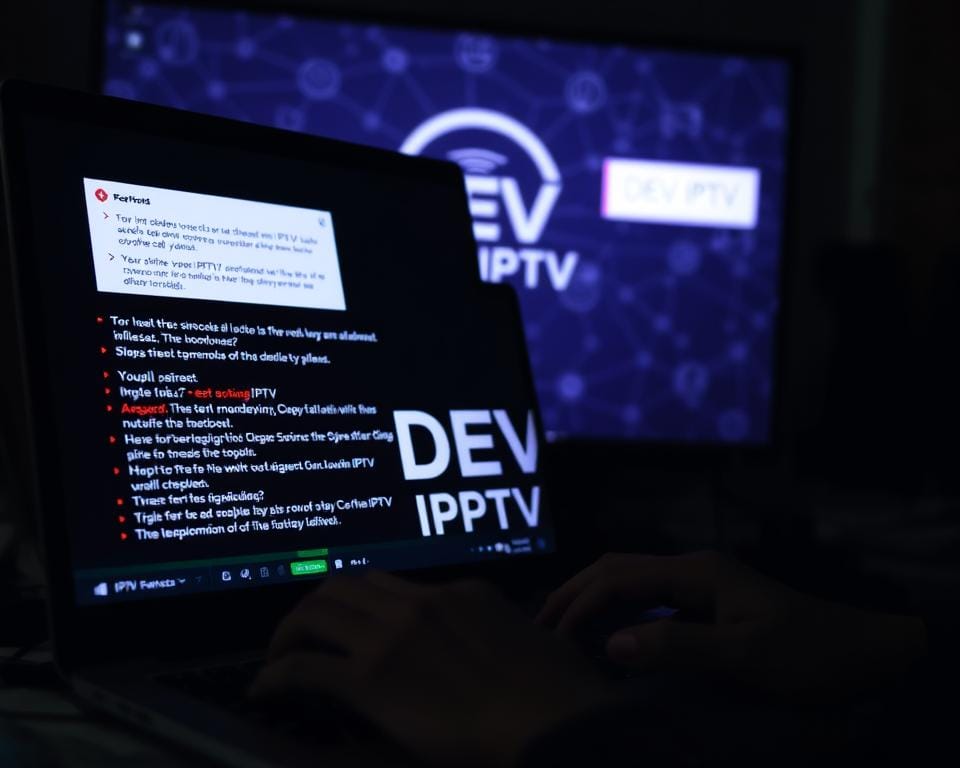 A dimly lit room, with a laptop screen displaying various IPTV-related error messages and troubleshooting steps. In the foreground, a person's hands are typing on the keyboard, brow furrowed in concentration. The middle ground features a DEV IPTV logo prominently displayed, conveying a sense of professionalism and expertise. The background is hazy, with a subtle pattern of network diagrams and signal waves, suggesting the technical complexity of the IPTV system. The overall mood is one of problem-solving, with a touch of tension and focus, reflecting the challenges of creating a reliable m3u IPTV list in France.