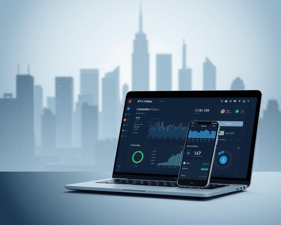 A modern and minimalist illustration of a DEV IPTV performance analysis dashboard. The foreground features a sleek laptop displaying real-time metrics such as connection speed, latency, and streaming quality. In the middle ground, a smartphone showcases the DEV IPTV mobile app interface, allowing remote monitoring and troubleshooting. The background depicts a stylized cityscape, hinting at the global reach and connectivity of the IPTV service. The scene is bathed in a cool, monochromatic color palette, conveying a sense of professionalism and technical prowess. Subtle lighting and depth of field create a visually striking, yet informative composition.