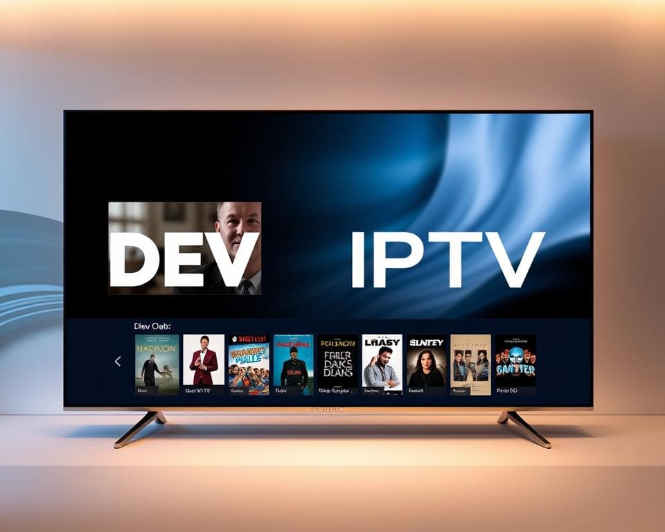 A modern, stylish media center interface showcasing a curated selection of on-demand video content, with the DEV IPTV logo prominently displayed. The interface features a sleek, minimalist design with high-contrast colors, clean typography, and intuitive navigation. The layout is composed of three distinct layers: the foreground showcases the main video player with a crisp, high-definition video playing; the middle ground features a row of thumbnail previews for various VOD titles; and the background incorporates a subtle, blurred motion graphic that enhances the sense of depth and dynamism. The overall scene is bathed in a warm, cinematic lighting that creates a welcoming and immersive atmosphere, perfectly suited for enjoying on-demand video content.