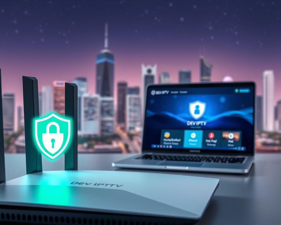 A secure IPTV experience with a VPN, showcasing the DEV IPTV brand. In the foreground, a sleek, modern router with a glowing VPN symbol, representing the secure internet connection. In the middle ground, a laptop displaying the DEV IPTV interface, with a focus on the privacy and security features. In the background, a stylized cityscape with skyscrapers and a starry night sky, conveying a sense of urban sophistication. The lighting is soft and atmospheric, creating a calming, professional mood. The camera angle is slightly elevated, giving the image a composed, authoritative feel. The overall composition emphasizes the importance of safeguarding one's IPTV experience through the use of a VPN.