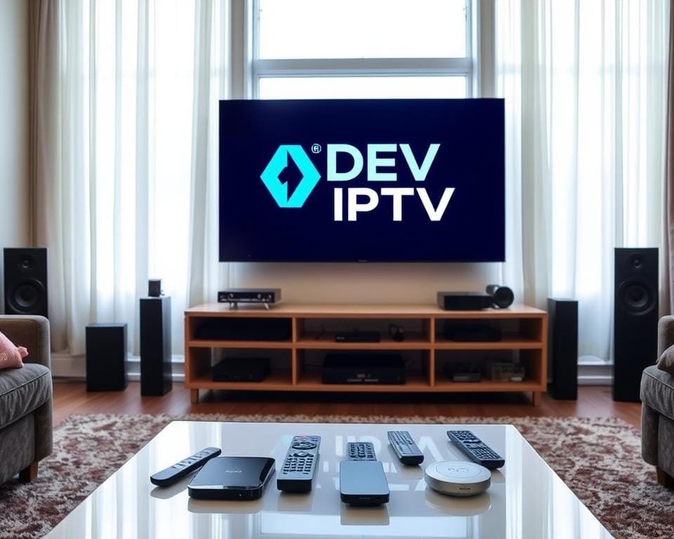 A serene living room setup with a large flatscreen TV displaying the "DEV IPTV" logo, surrounded by sleek media devices and remote controls. The room has soft, diffused lighting from a large window, creating a cozy, inviting atmosphere. In the foreground, a coffee table holds various IPTV-related accessories, hinting at the convenience and accessibility of this free French television service. The overall scene conveys the idea of effortless, high-quality entertainment in the comfort of one's own home.