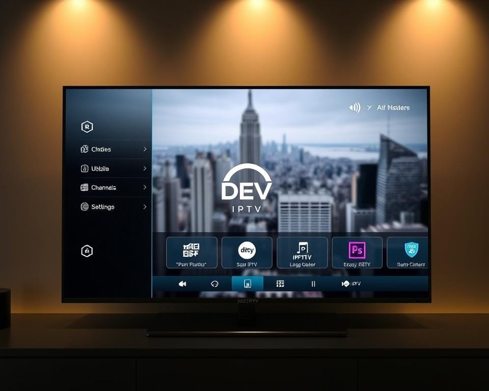 A sleek and modern DEV IPTV configuration interface, displayed on a high-resolution display. The layout features a clean, minimalist design with intuitive menus and controls. In the foreground, a series of customizable tiles showcase various IPTV channels and settings. The middle ground features a prominent DEV IPTV logo, subtly integrated into the interface. The background presents a sophisticated, blurred cityscape, conveying a sense of technological sophistication. Soft, directional lighting casts a warm, inviting glow across the scene, creating a visually stunning and user-friendly IPTV experience.