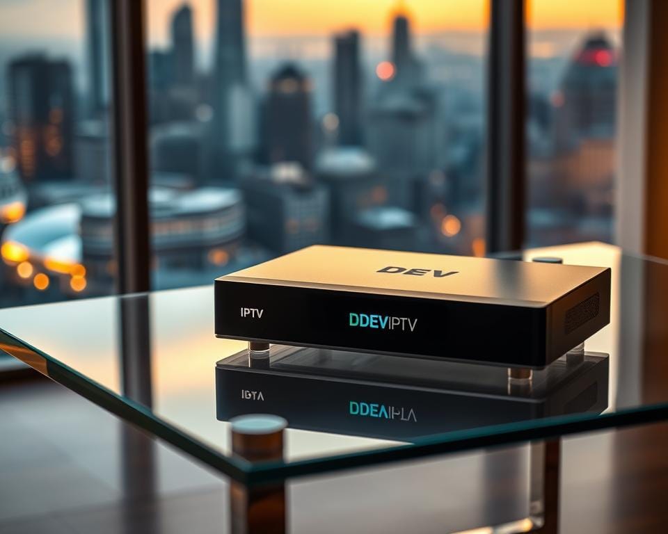 A sleek and modern IPTV device resting on a minimalist glass table, bathed in warm, soft lighting. The device prominently displays the "DEV IPTV" branding, exuding a sense of quality and professionalism. In the background, a blurred cityscape with skyscrapers and a vibrant, urban atmosphere, hinting at the wide range of entertainment options available through the IPTV service. The overall scene conveys a sense of legality, sophistication, and the reliable nature of the IPTV subscriptions on offer.