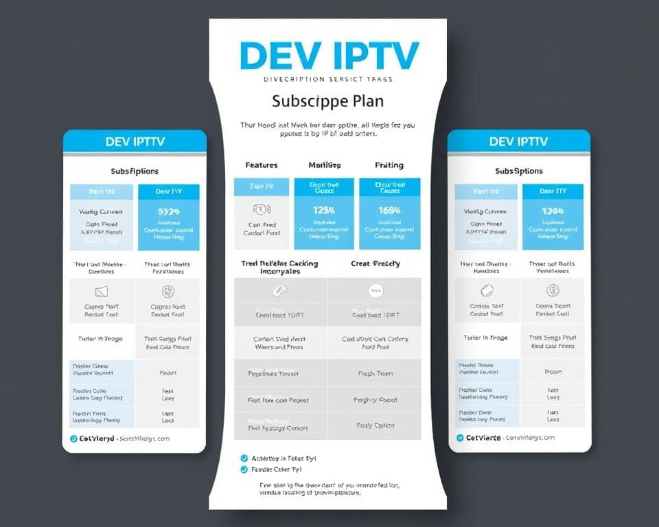 A sleek and modern-looking infographic displaying the "DEV IPTV" subscription plans and pricing details. The infographic features a clean, minimalist design with a white background and accents of blue and gray. The subscription packages are showcased in a grid layout, each with clear pricing information, features, and options. The overall impression is one of professionalism and clarity, making it easy for the viewer to understand the different IP subscription tiers and make an informed decision.