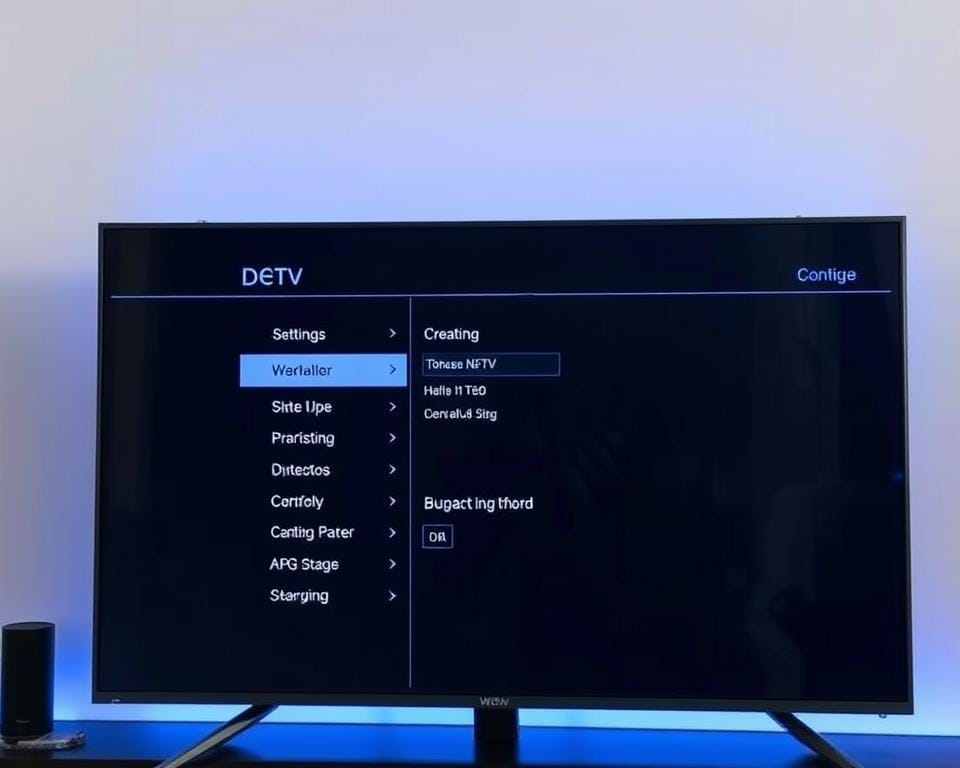 A sleek and modern smart TV screen displaying the configuration menu for a DEV IPTV service. The interface showcases various settings and options, with clean lines, intuitive icons, and a minimalist color palette of grays, whites, and blues. The TV is positioned against a blurred background, perhaps a living room or entertainment center, creating a focused and immersive environment. Subtle lighting from the screen casts a soft glow, and the overall scene conveys a sense of technological sophistication and user-friendly functionality.
