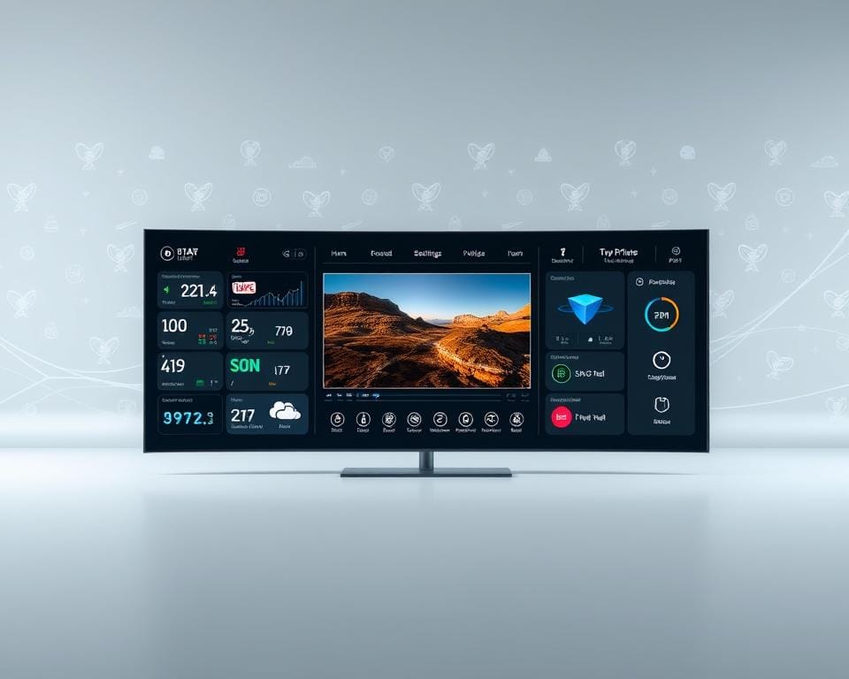A sleek and modern user interface showcasing the advanced features of DEV IPTV Pro. In the foreground, a minimalist dashboard displays a grid of customizable widgets, each providing real-time data and controls for the IPTV service. The middle ground features a large, high-definition video player, surrounded by intuitive menus and settings. In the background, a subtle pattern of stylized broadcast waves and satellite icons creates a digital, technological atmosphere. The lighting is crisp and clean, with a soft, diffused glow highlighting the sophisticated design. The overall composition conveys the power and flexibility of the DEV IPTV Pro platform.