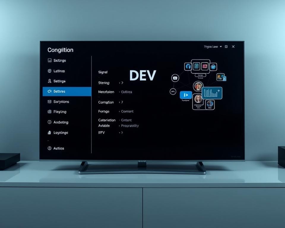 A sleek, modern configuration screen for the DEV IPTV platform. In the foreground, a series of intuitive settings and options, neatly organized and easy to navigate. The middle ground features a clean, minimalist interface with bold typography and subtle gradients, conveying a sense of sophistication. In the background, a stylized graphic representation of the IPTV ecosystem, with dynamic visualizations of signal strength, network connectivity, and content availability. The overall mood is one of precision, control, and a seamless, user-centric experience. Soft, diffused lighting illuminates the scene, creating a sense of depth and focus. The camera angle is slightly elevated, providing an optimal view of the configuration screen and its various elements.