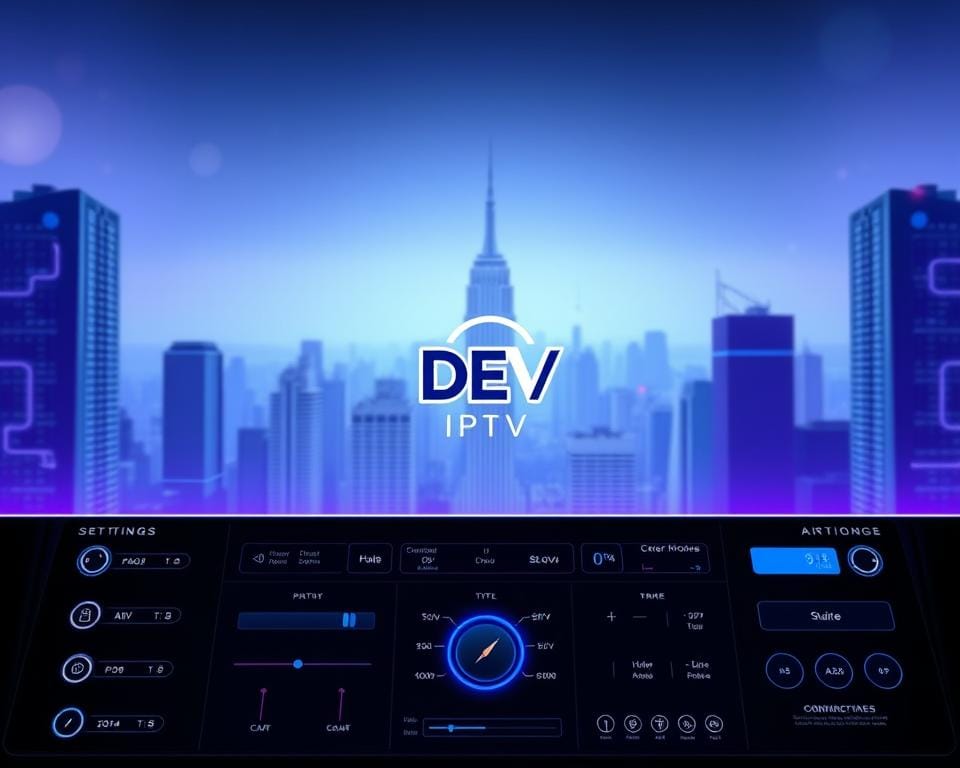 A sleek, modern control panel showcasing advanced IPTV personalization options. In the foreground, a minimalist dashboard with customizable settings and toggles, bathed in cool blue and purple hues. The middle ground features a DEV IPTV logo, prominently displayed against a gradient backdrop. In the background, a cityscape of high-rise buildings, conveying a sense of urban sophistication. Crisp, high-contrast lighting accentuates the clean lines and futuristic aesthetic. The overall mood is one of technological prowess and seamless user control.