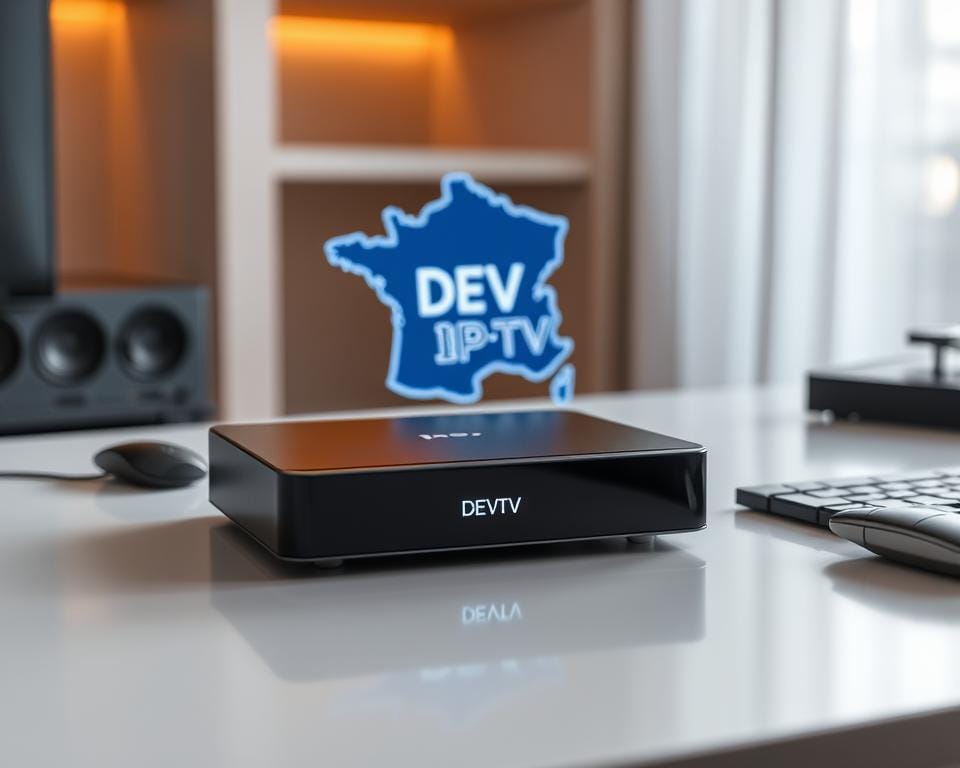 A sleek, modern device on a minimalist desk, displaying the words "DEV IPTV" against a stylized map of France. The device is surrounded by a clean, professional layout, with subtle design elements hinting at the secure, reliable internet connectivity it provides. The lighting is soft and warm, creating a sense of sophistication. The overall atmosphere conveys the value and benefits of an IP subscription service tailored for the French market.