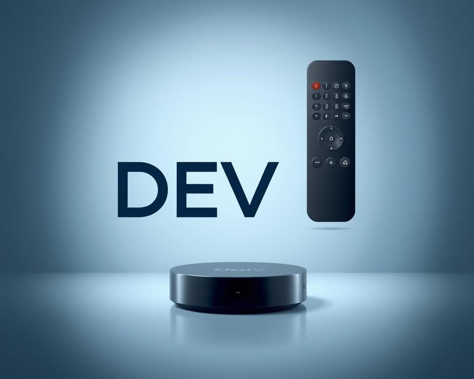 A sleek, modern illustration of a digital IPTV subscription service. In the foreground, a sophisticated DEV IPTV logo is prominently displayed, conveying a sense of premium quality. In the middle ground, a stylized remote control hovers, symbolizing the ease of access to a vast array of streaming content. The background features a gradient of soft blues and grays, creating a minimalist, high-tech atmosphere. Subtle lighting from the side casts a gentle glow, highlighting the sophisticated design elements. The overall impression is one of a premium, user-friendly IPTV service that seamlessly integrates with modern digital lifestyles.