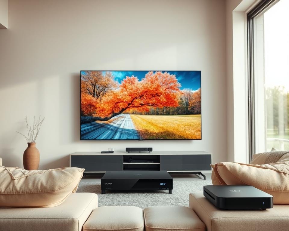 A sleek, modern living room setup with a large, high-definition flat-screen TV displaying crisp, vibrant visuals. The TV is connected to a DEV IPTV box, showcasing the superior video and audio quality of IPTV technology. Soft, warm lighting illuminates the scene, creating a cozy and immersive atmosphere. The room features minimalist, contemporary furnishings, and large windows that allow natural light to filter in, enhancing the overall visual experience. The focus is on the display quality, capturing the essence of a premium IPTV service that delivers exceptional video and audio fidelity.