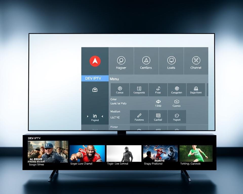 A sleek, modern user interface for the DEV IPTV application, showcasing a clean and intuitive navigation experience. The interface features a minimalist design with a bold, high-contrast color palette, crisp typography, and seamless transitions between sections. In the foreground, a clean grid layout displays a selection of popular live TV channels, with clear icons and labels. The middle ground features a streamlined menu system, allowing users to effortlessly browse through various content categories, settings, and options. The background subtly suggests a cinematic atmosphere, with soft, diffused lighting and a subtle film grain texture, creating a cinematic ambiance. The overall impression is one of a polished, user-friendly interface that enhances the DEV IPTV experience.
