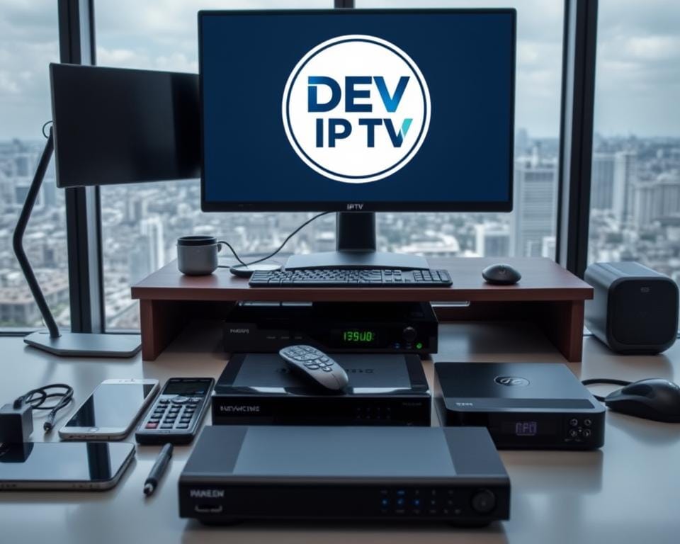 A sleek, modern workspace with a desktop computer, keyboard, and mouse. On the screen, the DEV IPTV logo is prominently displayed, indicating a legal IPTV service. In the foreground, various digital devices like smartphones and tablets are arranged, showcasing their ability to access the IPTV service. The middle ground features several cable and satellite TV boxes, symbolizing the transition from traditional TV to the convenience of IPTV. The background depicts a cityscape through a large window, hinting at the widespread availability of legal IPTV sources in France. The overall scene conveys a sense of technology, legality, and the evolving landscape of TV consumption.