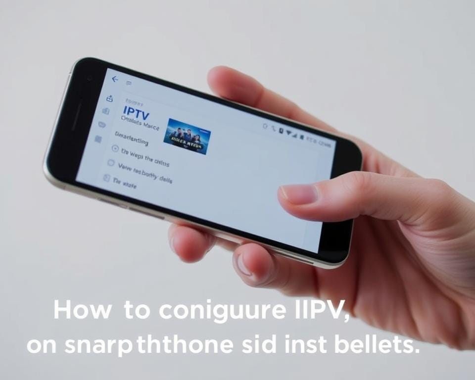 A smartphone screen displaying the DEV IPTV interface, with a clean and intuitive layout showcasing various IPTV channels and settings. The device is held in a natural hand position, capturing the seamless integration of the IPTV service on a mobile platform. The screen is well-lit, with a soft, diffused light source highlighting the vibrant colors and crisp details of the user interface. The background is slightly blurred, maintaining the focus on the smartphone and the IPTV configuration. The overall scene conveys a sense of ease and accessibility, reflecting the section's title "How to configure IPTV on smartphones and tablets".
