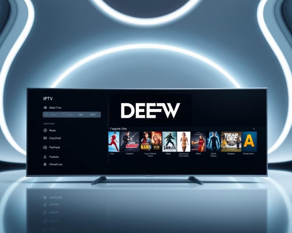 A sophisticated IPTV configuration displayed on a sleek, futuristic interface. In the foreground, a minimalist dashboard showcases various settings and controls, including options for an Electronic Program Guide (EPG) and customizable favorite channel lists. The middle ground features a series of colorful, high-definition program thumbnails, hinting at the extensive content library available. In the background, a subtle, ethereal glow creates a sense of depth and technological elegance. The DEV IPTV logo prominently positioned, signifying the advanced capabilities of this cutting-edge IPTV solution.