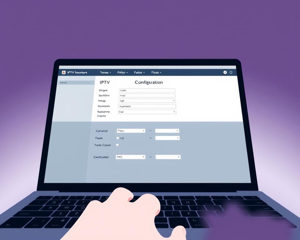 A stylish and minimalist illustration of a configuration interface for the DEV IPTV platform. The scene features a laptop or desktop computer display, with a sleek and intuitive user interface showcasing various IPTV settings and options. The screen is well-lit, creating a sense of clarity and professionalism. In the foreground, a hand hovers over the keyboard, suggesting user interaction. The background is softly blurred, keeping the focus on the display. The overall tone is one of modern, high-tech simplicity, reflecting the practical and user-friendly nature of the IPTV Smarters platform.