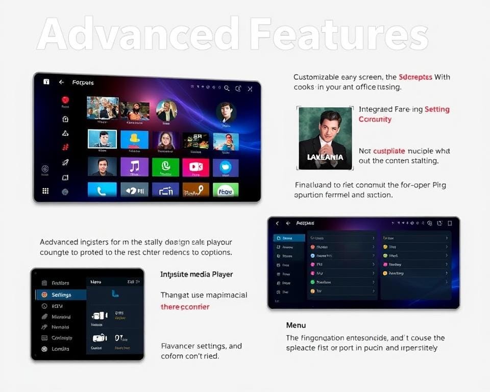 High-quality digital illustration of advanced features of DEV IPTV Smarters Pro app, showcasing a sleek and modern user interface with a focus on intuitive navigation and customization options. The image should depict a clean and visually appealing design, featuring various UI elements such as a customizable home screen, integrated media player, and advanced settings menu. The scene should be well-lit, with a subtle use of gradients and shadows to create depth and a sense of depth. The overall mood should be professional, informative, and visually striking, capturing the essence of the advanced features of this IPTV app.